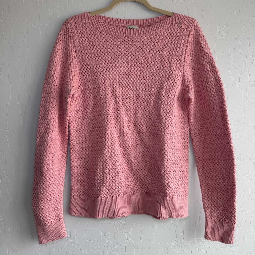 L.L. Bean Pink Basketweave Sweater Women M Cotton Boat Neck Knit Coastal Preppy